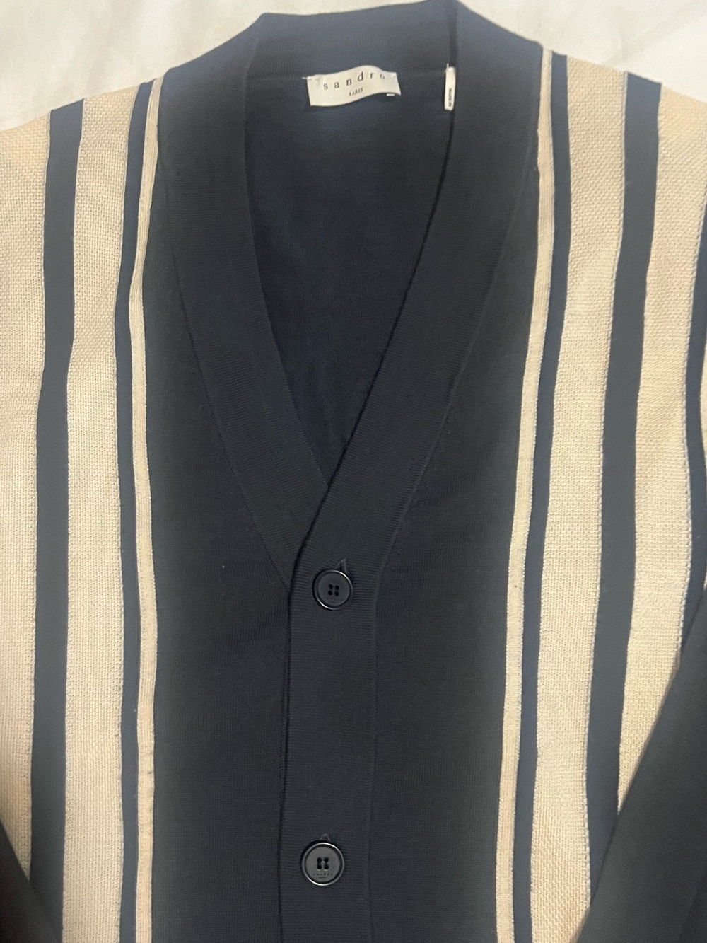 Sandro Men’s Navy and Cream Vertical Stripe Wool Cardigan size large
